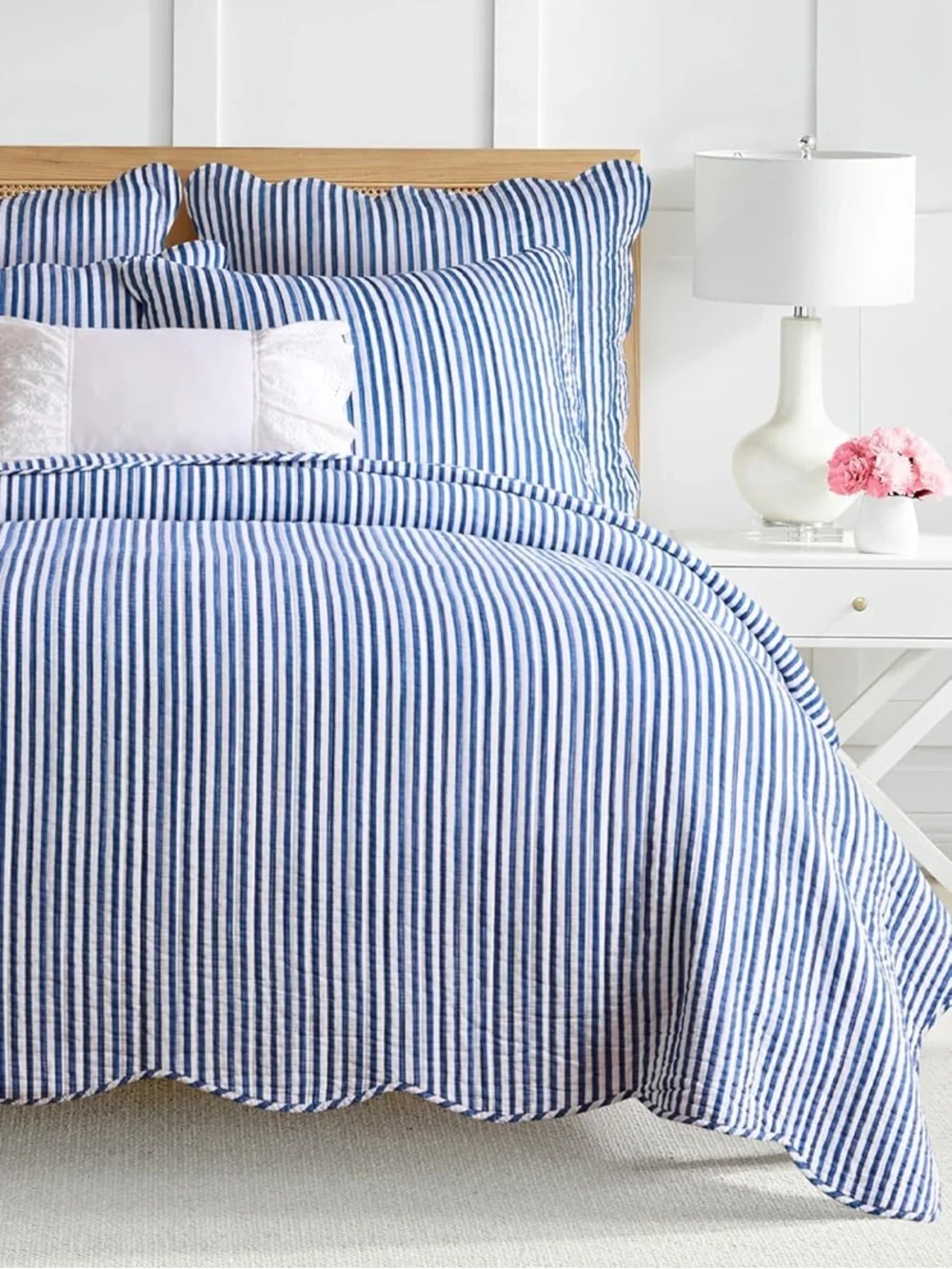 🆕 PB Style Navy Blue White Striped Cotton Quilt Coverlet Scalloped Trim Set NWT